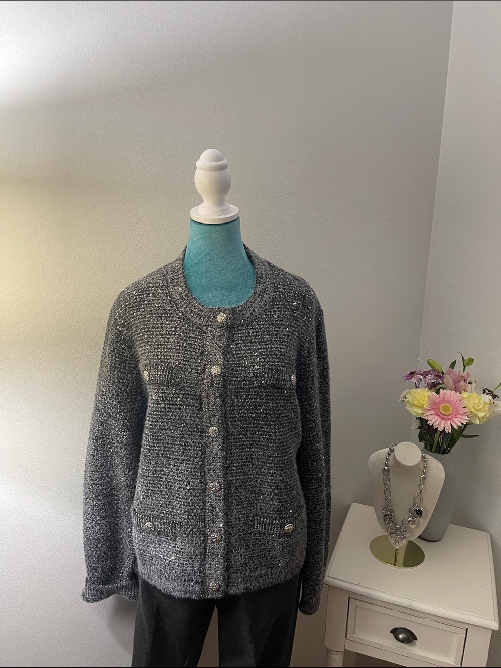 Steele Gray Knit Silver Sparkly Button-Front Women's Cardigan Jacket